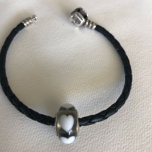 Pandora Murano Black Glass With White Hearts Charm